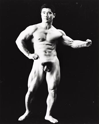 TAMOTSU YATO (1928-1973) Two photographs depicting Nobou Takemoto, who was crowned the 16th Mr. Japan in 1970.